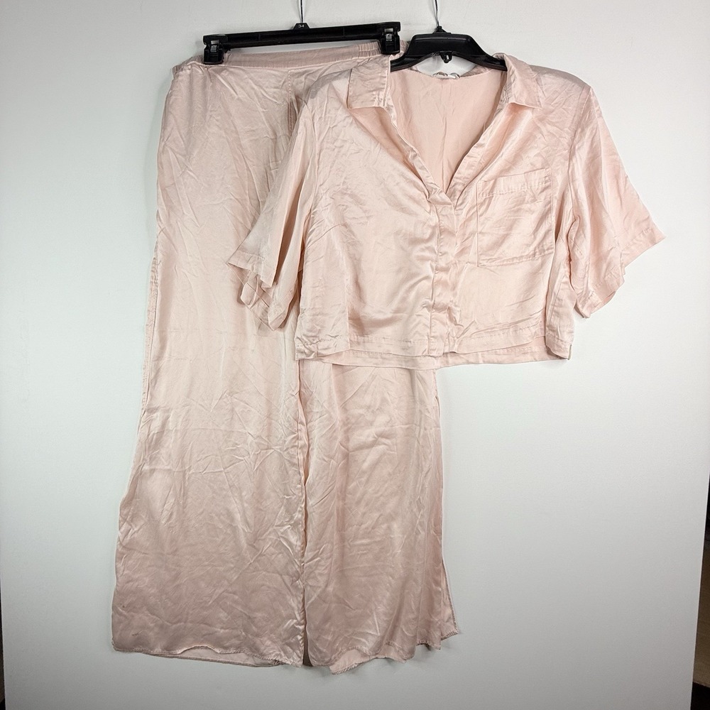 lunya silk pajama set Pink Large Crop Button Top Side Slit Pants